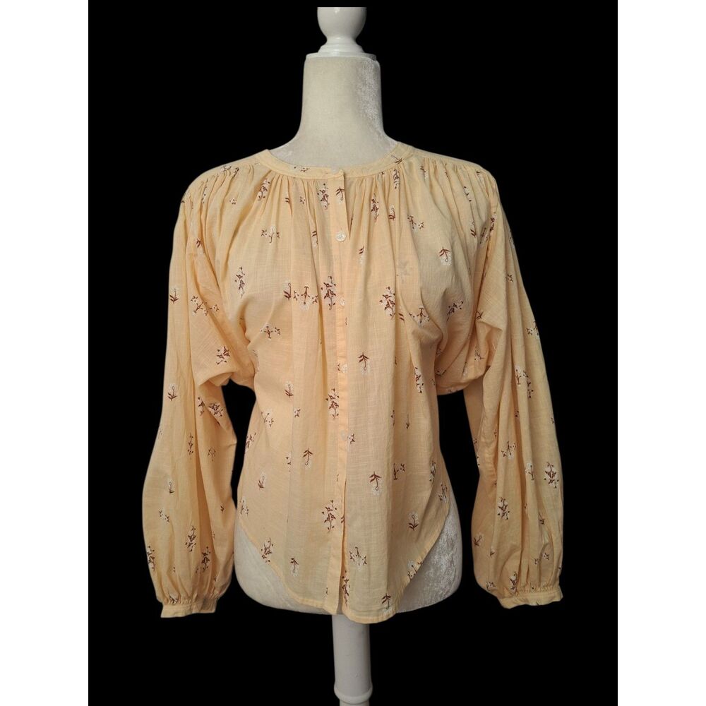 Loft Women's Breathable Cotton Boho Balloon Sleeves Yellow Floral Top Sz Small